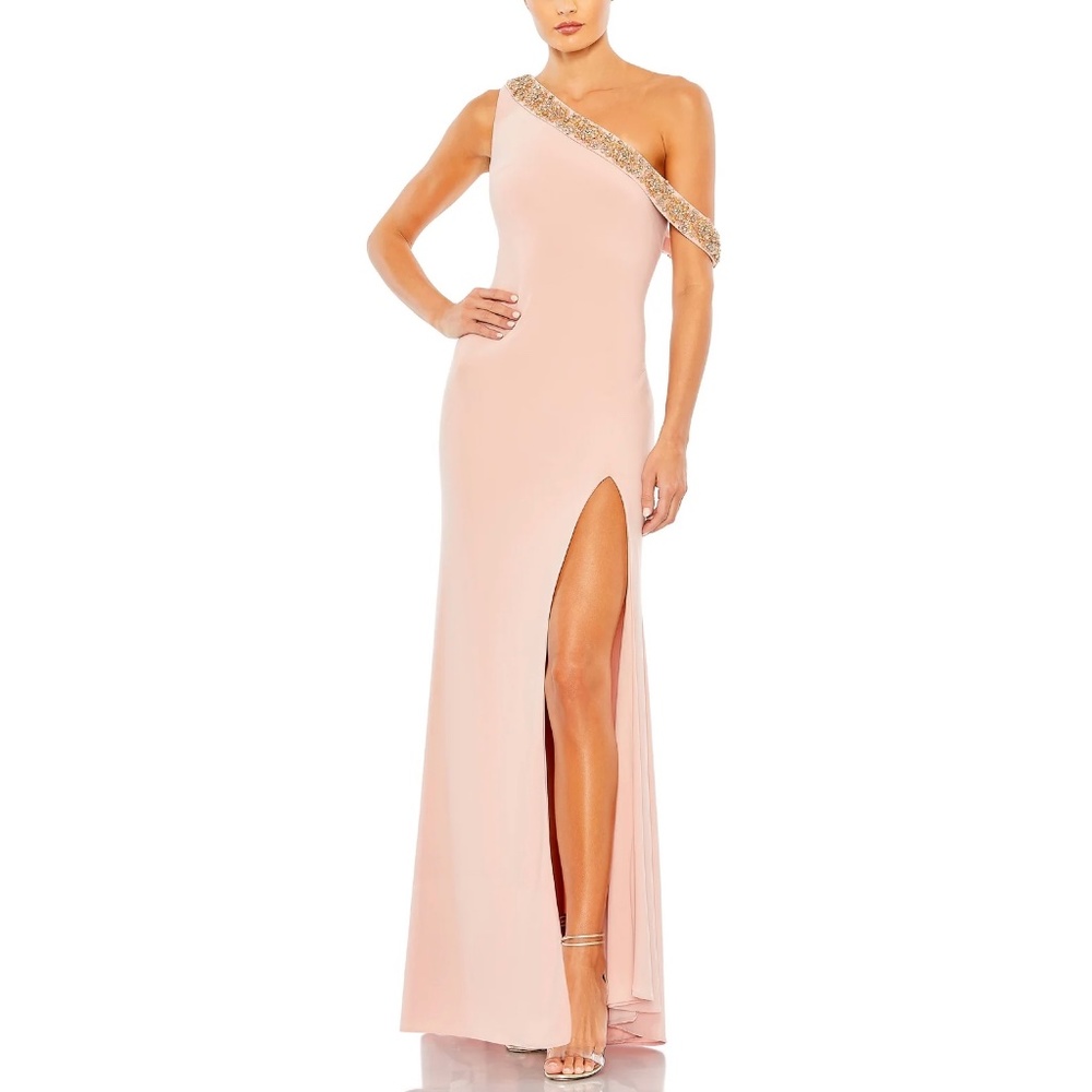 NEW Mac Duggal Beaded Drop Shoulder Jersey Gown, Rose, size 2